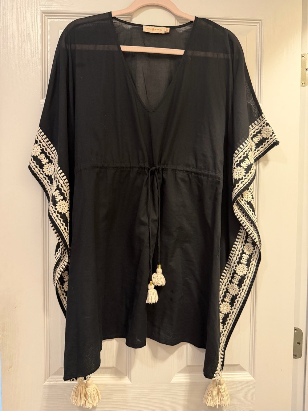 Tory Burch Black Swim Coverup with Cream Embroidery & Tassels